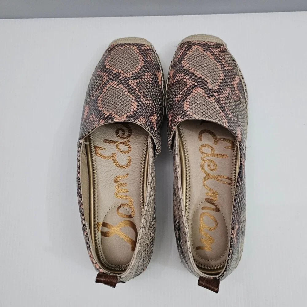 NEW Sam Edelman Khloe Espadrille Flat Womens 8 Peach Snake Print Leather Slip On